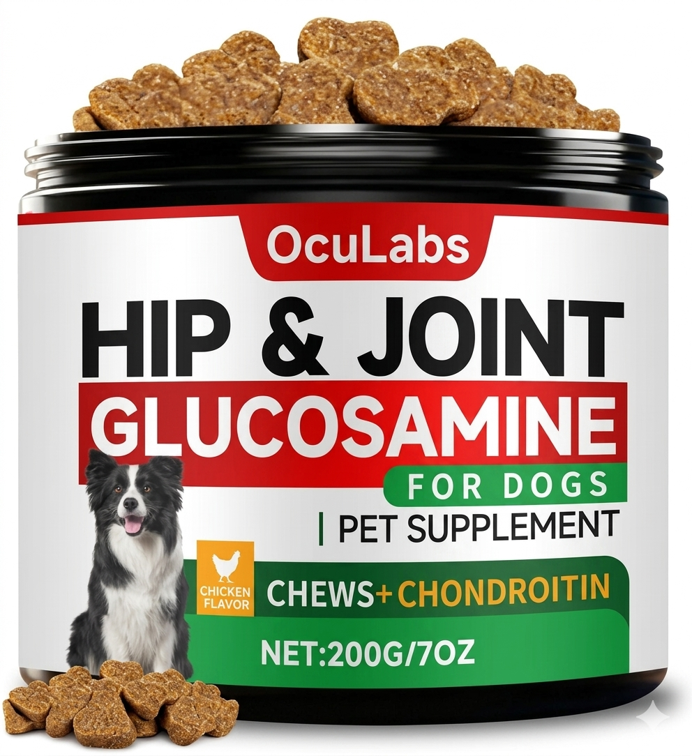 OcuLabs Hip and Joint Support Chews jar for senior dogs