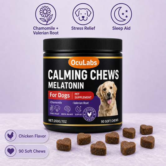 OcuLabs Calming Chews jar with heart-shaped chews and chamomile and valerian ingredient icons
