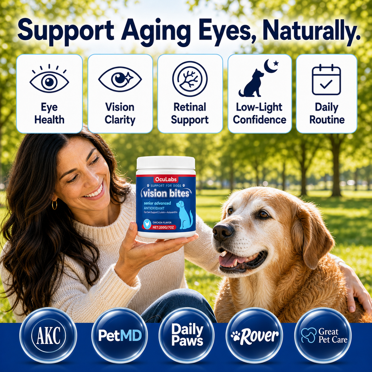 Senior Golden Retriever outdoors with an OcuLabs aging-eye-support graphic