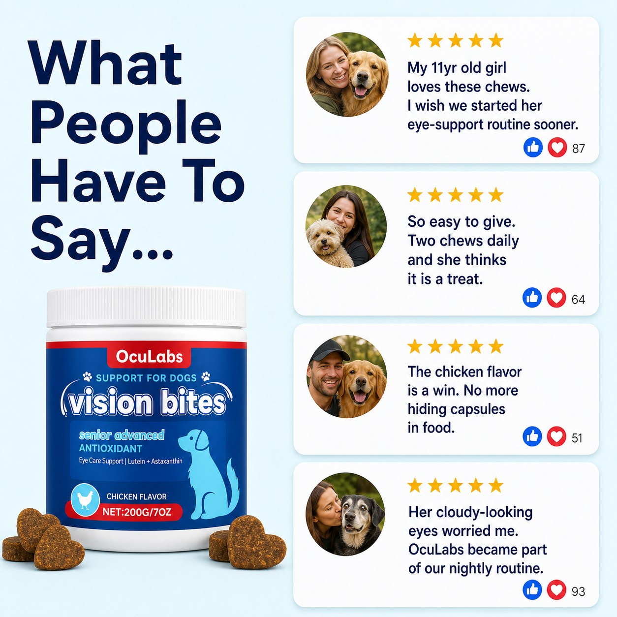 OcuLabs customer comment graphic for senior dog eye support