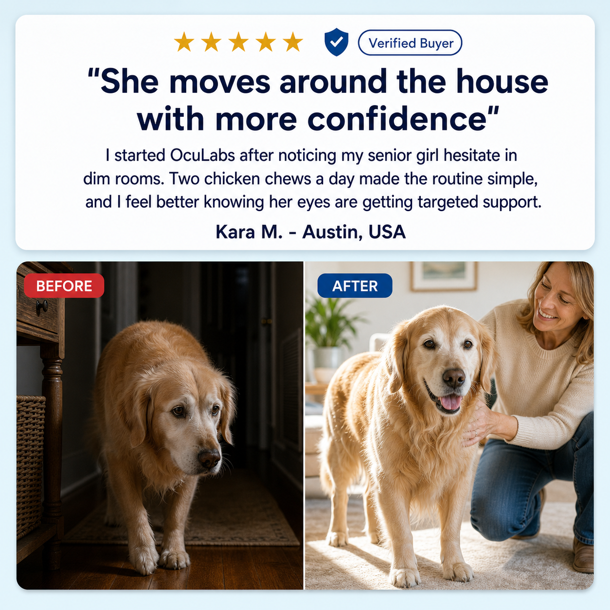 OcuLabs customer confidence graphic for senior dog eye support