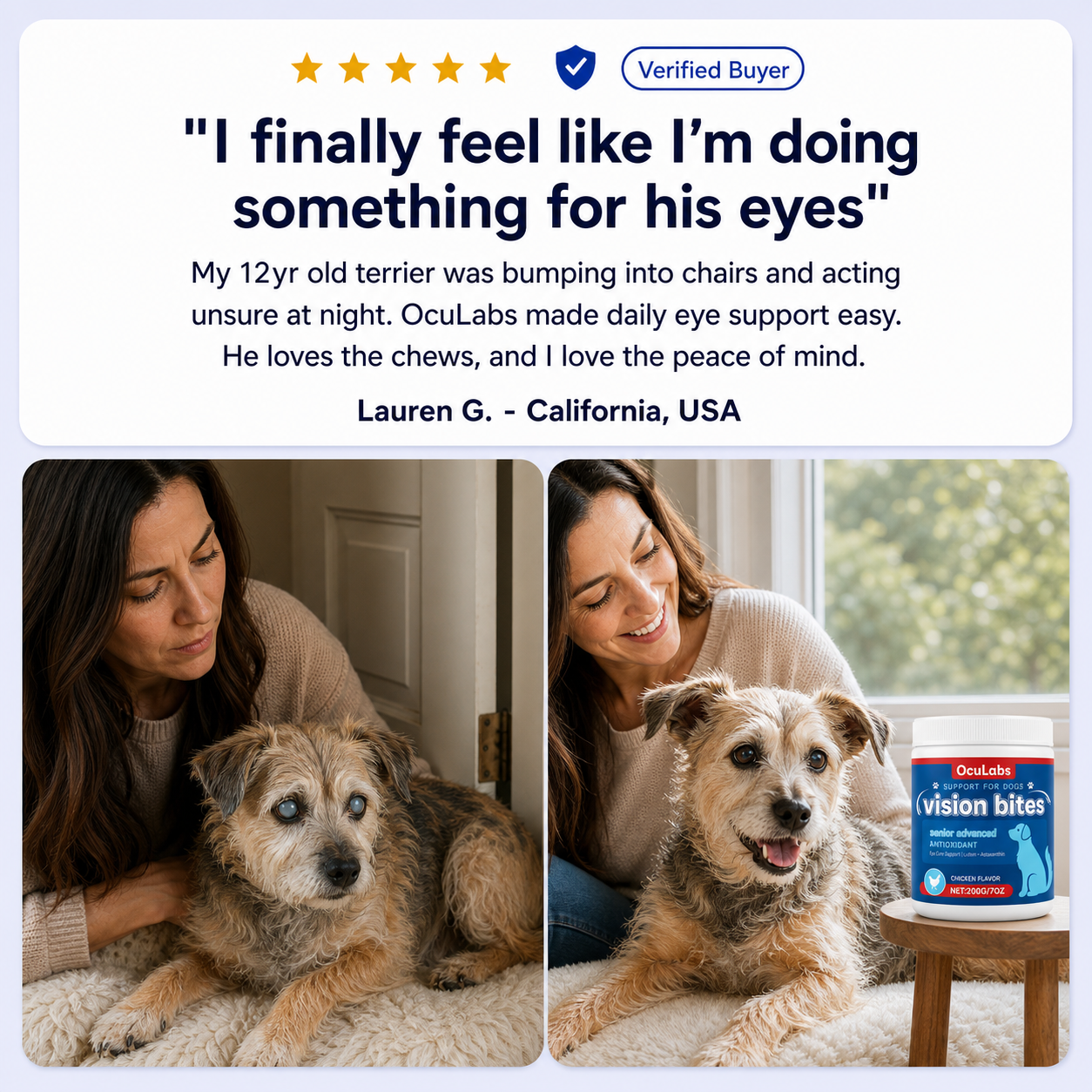 OcuLabs customer peace of mind graphic for senior dog eye support