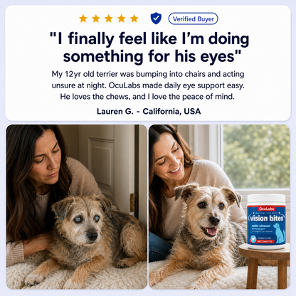 OcuLabs customer peace of mind graphic for senior dog eye support