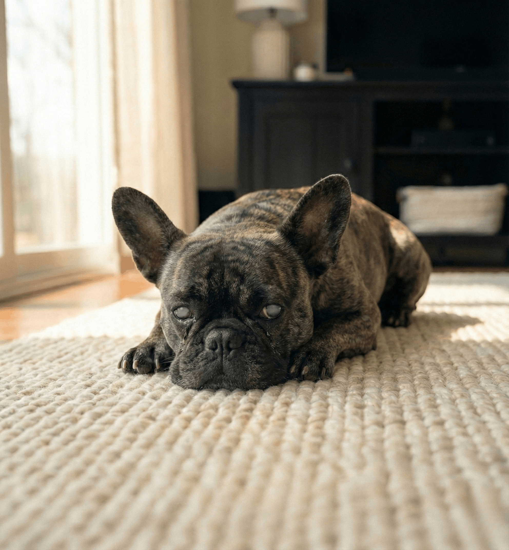 Senior French bulldog resting on a rug indoors with cloudy eyes, featured on OCUPETLABS Vision Support Chews page