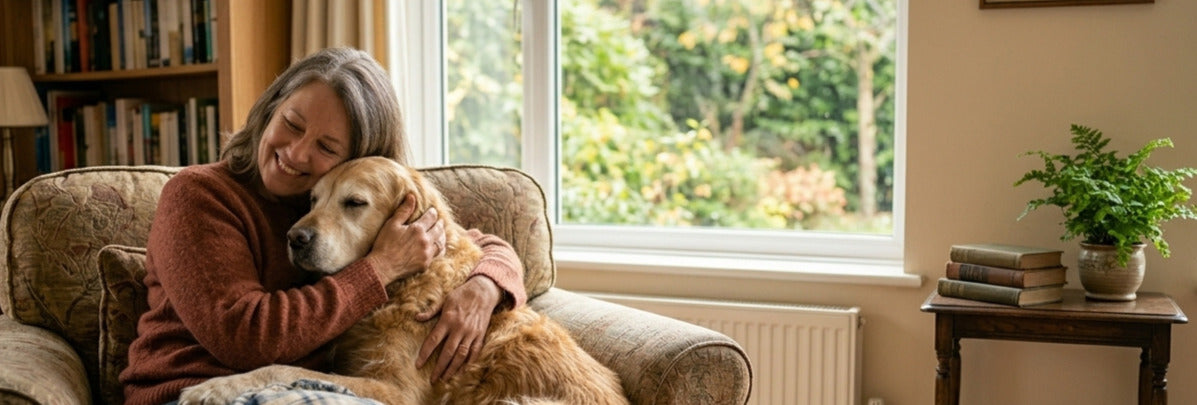 Happy OCUPETLABS customer hugging her senior golden retriever.
