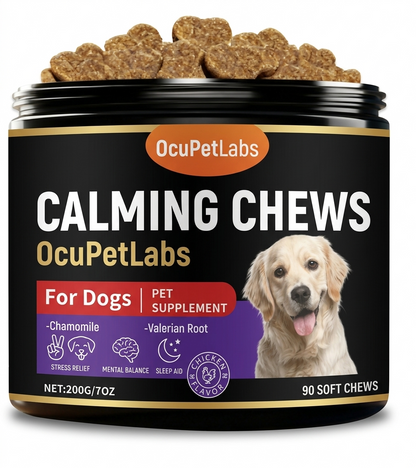 OcuLabs Calming and Anxiety Support Chews jar for dogs