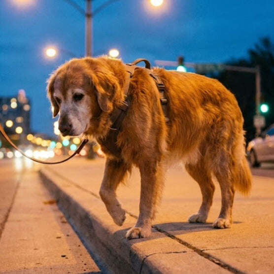 Senior golden retriever wearing a harness on a city sidewalk at dusk, featured on OCUPETLABS Vision Support Chews page