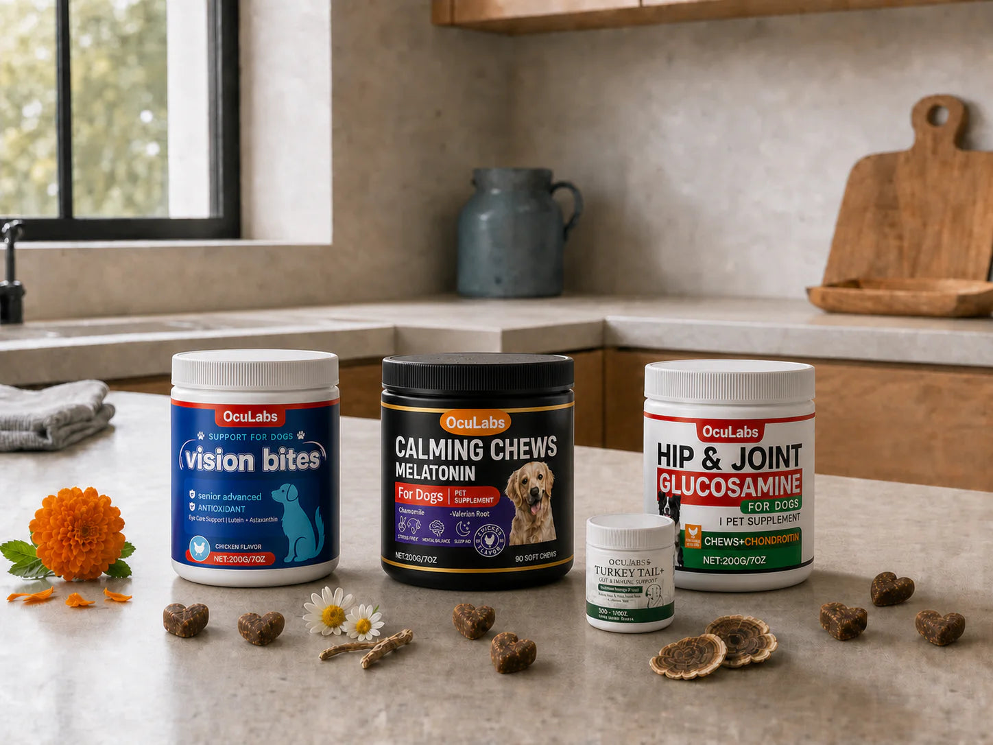 Four OcuLabs wellness products arranged on a kitchen counter