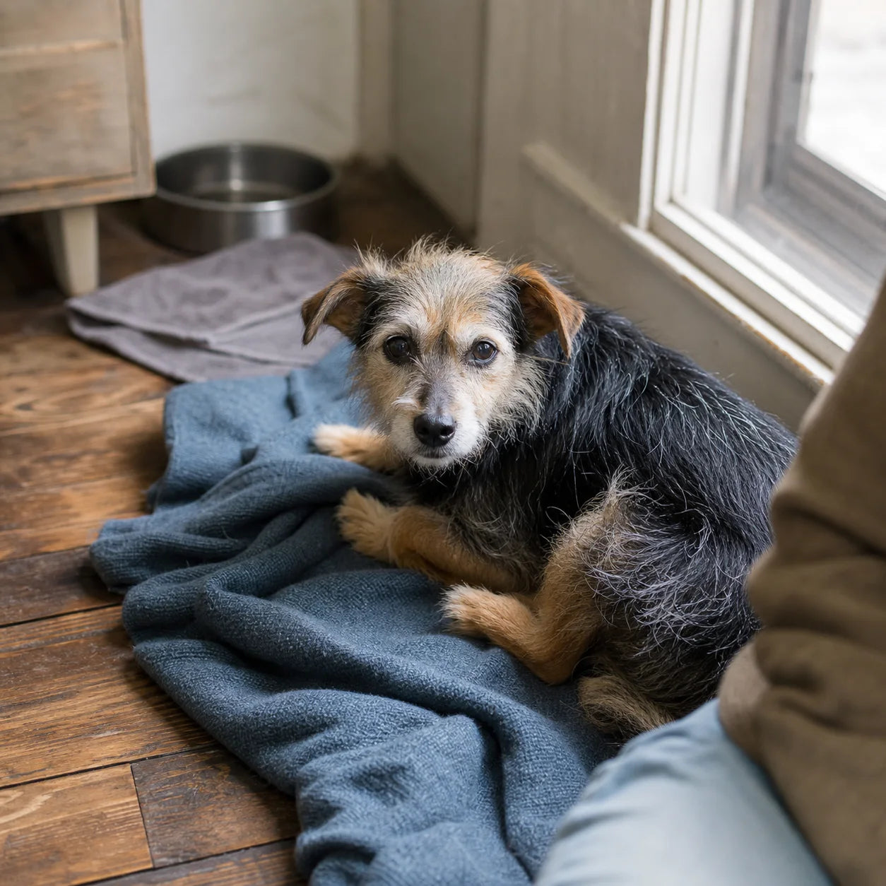 A senior terrier mix resting comfortably in a foster home